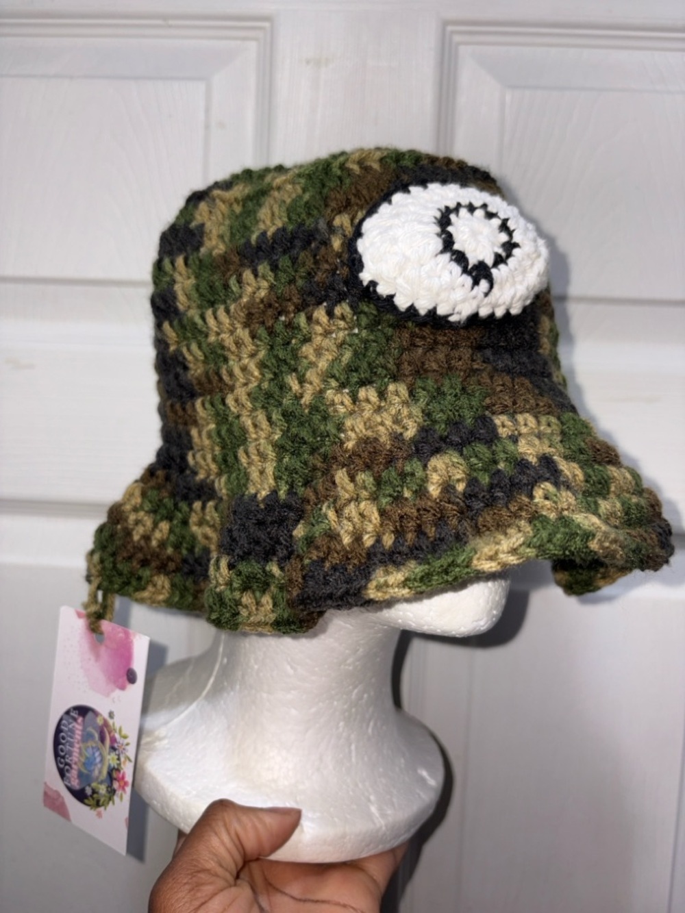 Crocheted Camo Bucket Hat with 3-D Eye Detail
